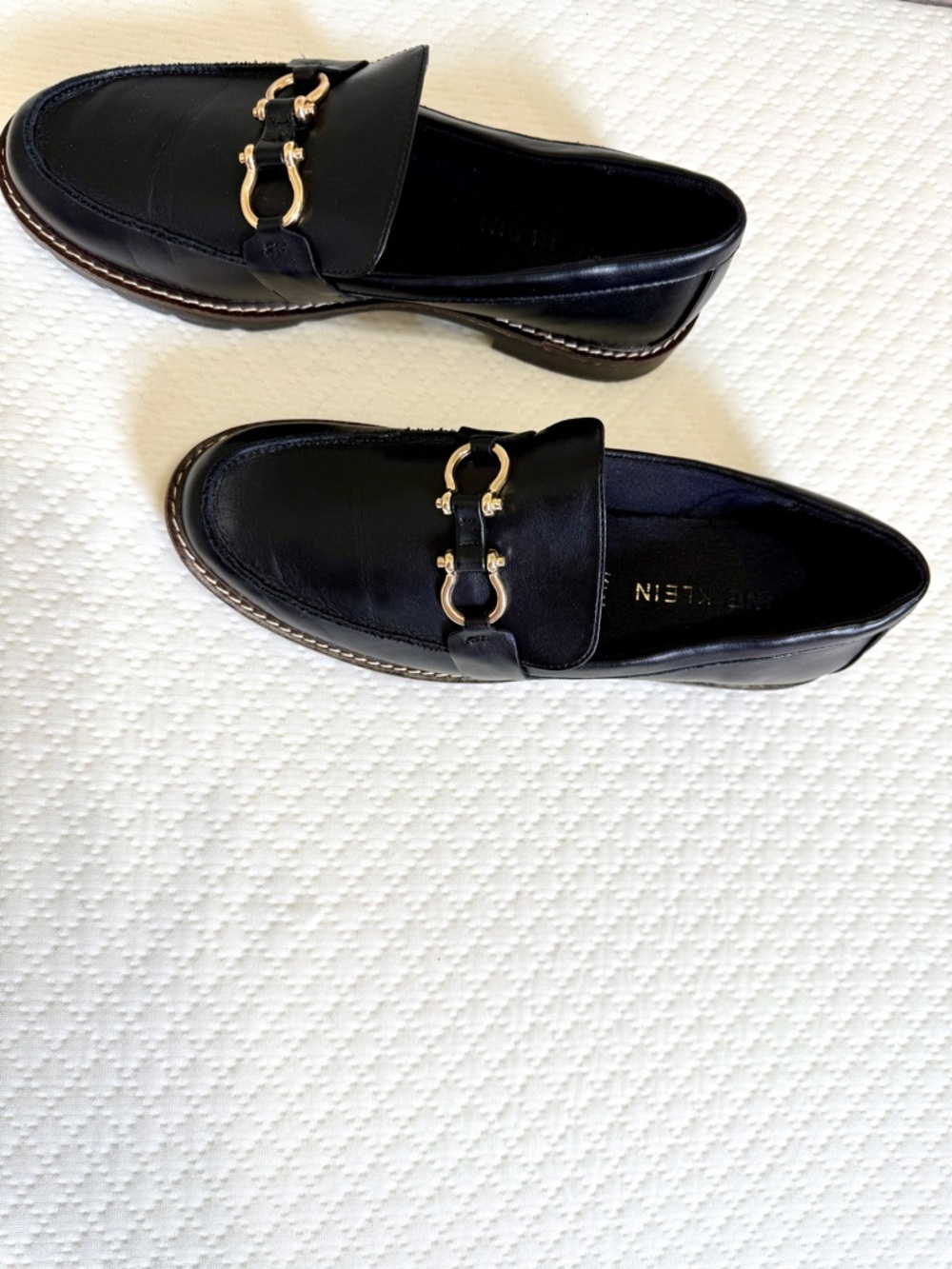 Anne Klein Black Leather Loafers with Gold Bit Detail